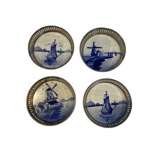 VTG Delftware Porcelain Coasters Set of 3 Silver Plate Frames Germany